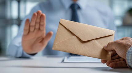 Businessman refusing brown envelope bribe at white office desk, raising hand in rejection gesture, symbolizing anti-corruption, integrity, and honesty concept for International Anti-Corruption Day