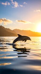 Fototapeta premium A dolphin leaps from the ocean, silhouetted against a golden sunset