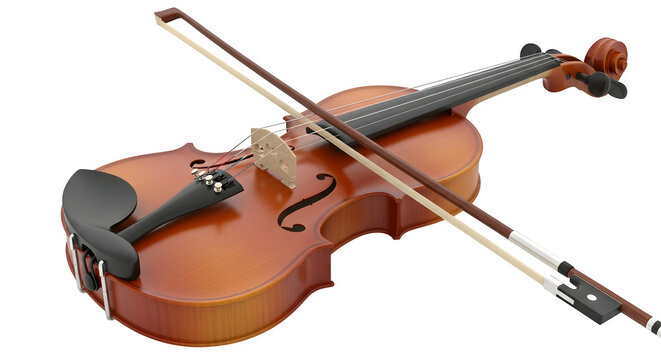 Acoustic wooden violin with bow resting across strings isolated on transparent background - Powered by Adobe