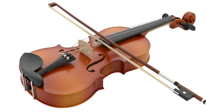 Acoustic wooden violin with bow resting across strings isolated on transparent background