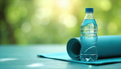 Blue yoga mat and bottle of water sit outdoors. Rich green foliage blurred background suggests a peaceful nature setting for exercise or meditation. Hydration essential for fitness.