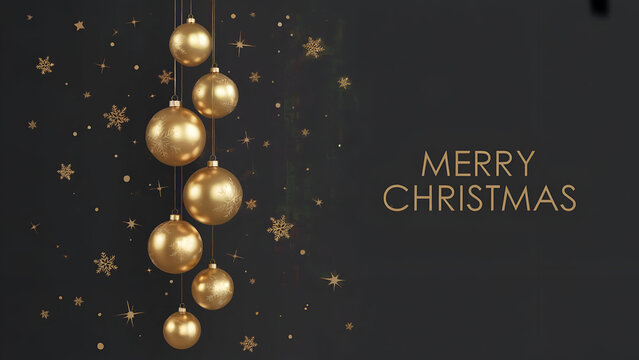 Elegant golden Christmas baubles and shimmering snowflakes with "Merry Christmas" greeting on a sophisticated dark background.