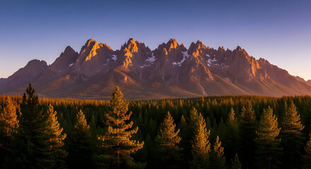 A scenic view of a mountain range with snow peaks behind a lush green forest at sunset or sunrise