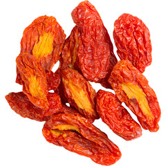 Top view of dried tomatoes isolated on transparent background, perfect for Mediterranean and cooking visuals..
