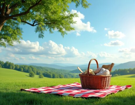 Wicker picnic basket with food on red checkered blanket over green grass lawn. Countryside landscape background. Sunny outdoor lunch at meadow. Relaxing summer holiday picnic scene concept. Serene