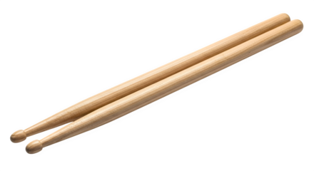 Pair of wooden drumsticks with rounded tips lying diagonally on a black background isolated on transparent background