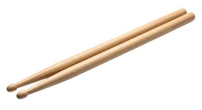 Pair of wooden drumsticks with rounded tips lying diagonally on a black background isolated on transparent background