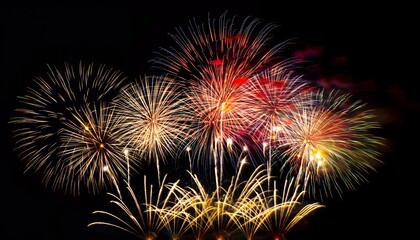 Multicolor fireworks bursting against a dark night sky with bright golden trails
