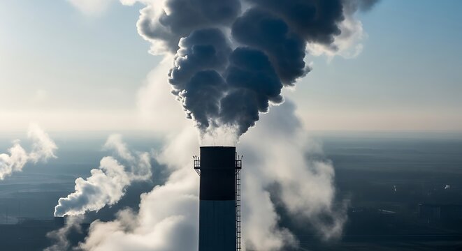 Dramatic plumes billowing from smokestack against hazy sky create powerful environmental statement for climate change awareness campaigns and sustainability initiatives