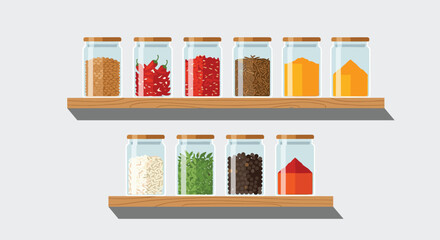 Colorful spice jars on wooden shelves create a culinary art vibe, perfect for a modern, organized kitchen or pantry design project
