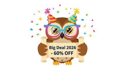 Owl Party with Big Deal Discount: A whimsical owl, adorned with a party hat and glasses, enthusiastically advertises a significant discount on a scroll.