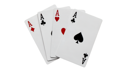 Four aces playing cards spread on a dark surface representing poker, chance, and victory isolated on transparent background