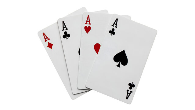 Four aces playing cards spread on a dark surface representing poker, chance, and victory isolated on transparent background - Powered by Adobe
