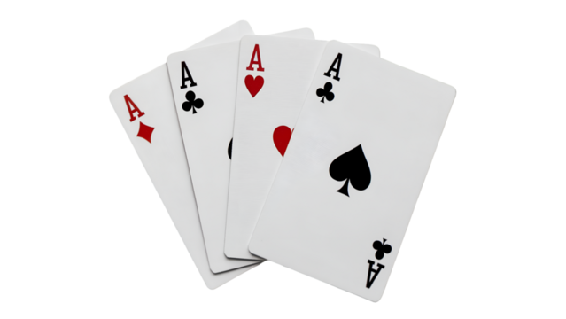 Four aces playing cards spread on a dark surface representing poker, chance, and victory isolated on transparent background
