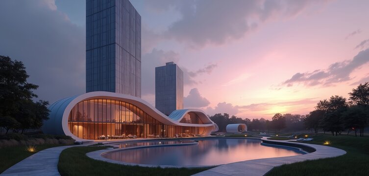 Modern office buildings stand near curved structure with glass walls beside reflective pond at twilight. Outdoor paths wind through manicured grass, trees under pastel sky. Scene blends urban design