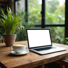 Fototapeta premium Laptop with blank screen on wooden table with coffee cup and plant. Modern workspace for remote work or studying. Freelance work environment in cafe or home office.
