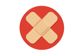 Two crossed bandage plasters on a red circle representing medical care, wound healing, safety, and health support