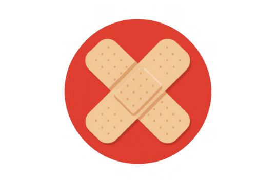 Two crossed bandage plasters on a red circle representing medical care, wound healing, safety, and health support
