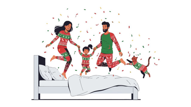 Joyful family moment on bed: A lively family, including parents and a child, and even a cat, jumps and plays cheerfully on a comfortable bed, celebrating the happy day. - Powered by Adobe