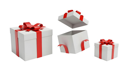 Three white gift boxes with red ribbon and bows
