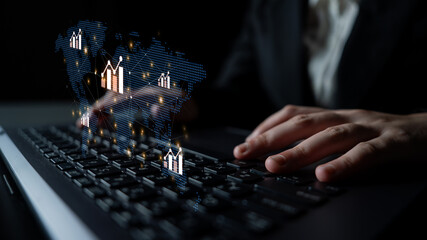 Visualization of global economic growth and stock market data. Financial chart analysis shows international business performance and investment opportunities in the world market. Fermion