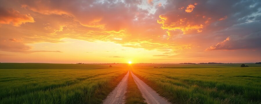 Dirt path leads through green farm field towards vibrant sunset sky. Golden sun low on horizon illuminates landscape. Peaceful summer countryside scene.