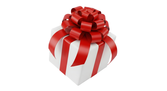 A white gift box with a red ribbon and bow - Powered by Adobe