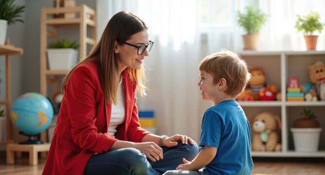 Speech therapist smiles talking to young boy in brightly lit room. Child learns, speaks, listens during therapy session. Educational toys, globe visible in background.