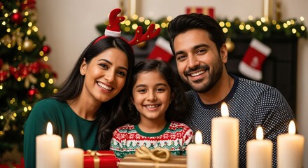 Happy Indian family with young daughter celebrating Christmas holidays at home, smiling brightly with festive decorations and glowing candles