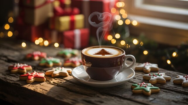 Steaming cappuccino with Christmas tree art and heart-shaped steam photo - Powered by Adobe