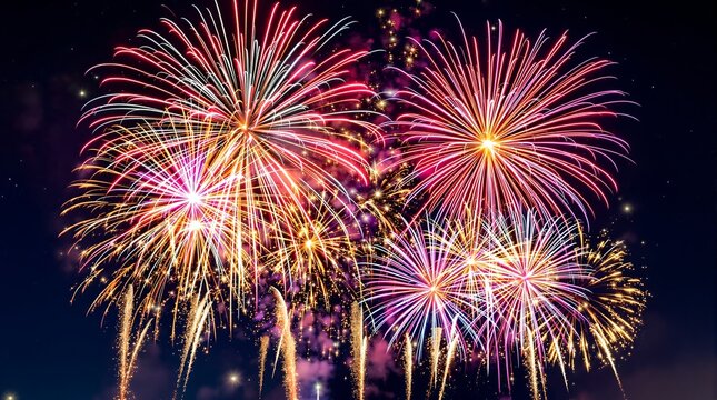 Colorful fireworks display with vibrant pink gold and purple bursts in the night sky
