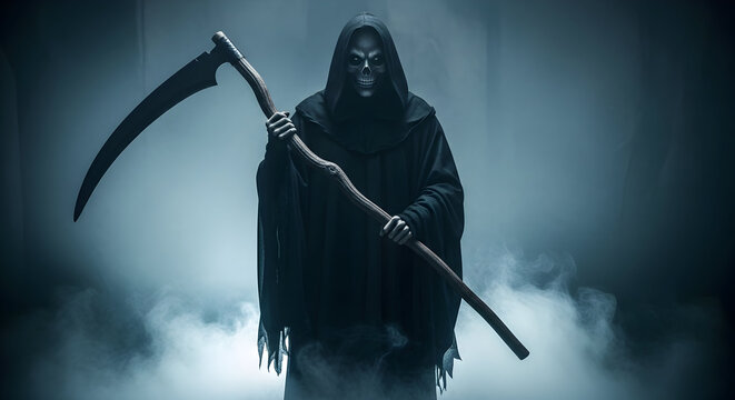 A grim reaper figure in a black hooded cloak holding a scythe against a smoky blue background
