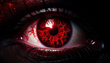 Close-up of a monstrous eye with intense red color and intricate details, blood vessels, and glowing effect, set against a dark background