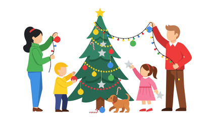 Christmas Tree Decoration: A family comes together to decorate Christmas tree, creating an enchanting scene full of warmth and festive cheer.
