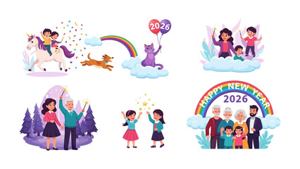 Fototapeta premium Celebrating Milestones in 2026: An enchanting array of illustrations encapsulates a vibrant New Year's scene with families rejoicing amid joyful elements. 