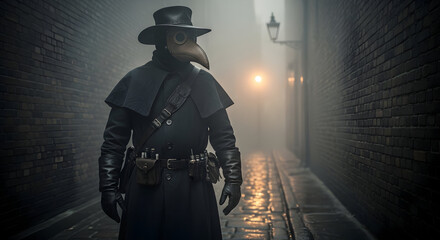 A plague doctor in a dark alleyway with a long black coat and hat standing in the fog and light