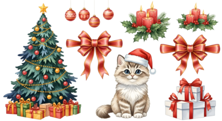 Christmas tree with ornaments, cat in santa hat, gifts, candles, and bows, watercolor illustration