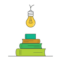 A lit light bulb hovers above a stack of colorful books, symbolizing the illumination of knowledge and the acquisition of new ideas.