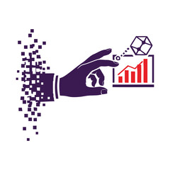A stylized hand emerges from digital pixels and holds a geometric shape above a growing bar graph, representing data analysis and business growth.