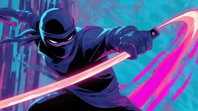 A hooded, masked ninja lunges with a glowing pink blade through neon-tinged forest, sparks dancing!!