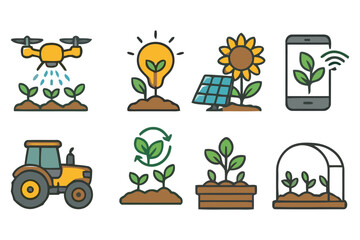 A collection of flat design icons representing modern agricultural technology, including drones, smart farming, solar energy, tractors, and greenhouses, illustrating innovation in crop cultivation