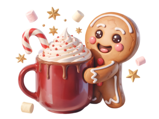 Gingerbread man character hugging a red mug of hot chocolate with whipped cream and candy cane isolated on transparent background