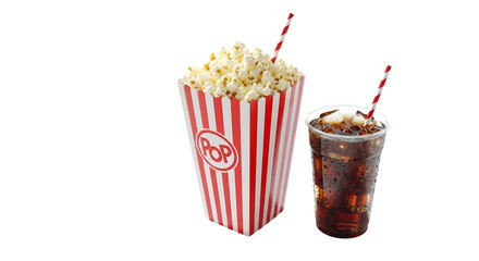 Classic movie theater popcorn bucket with red and white stripes next to a refreshing cola drink with ice and straw isolated on transparent background