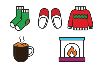 A cozy collection of winter comfort items including green socks, red slippers, a Christmas sweater, a mug of hot chocolate, and a fireplace with a warm flame.