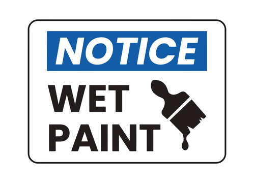 A clear and direct sign indicates that the paint is wet, featuring a paintbrush with dripping paint.