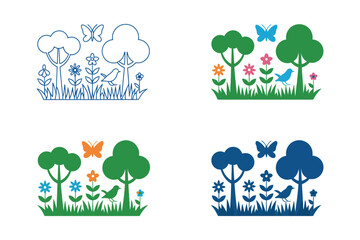 Four stylized illustrations depict a simplified meadow scene with trees, flowers, birds, and butterflies in different color palettes.