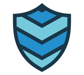 A blue shield icon with chevron patterns is displayed against a white background.