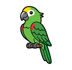 A vibrant green parrot with a yellow head and red wing accents perches on a brown branch against a clean white background, showcasing its colorful plumage and tropical appearance.