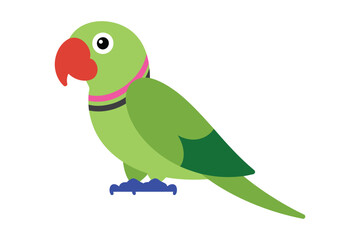 A cartoon illustration of a green parrot with a red beak and a pink and black collar stands on a white background.