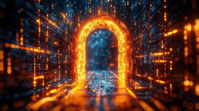 Abstract tunnel of glowing digital data points leading to bright archway exit